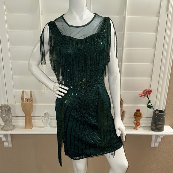 BABEYOND 1920s Gatsby Dress Long Fringe Flapper Dress Green - Picture 1 of 6
